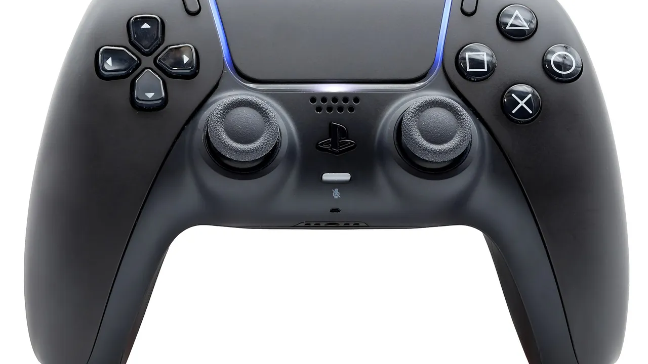 Siyah renkli PlayStation 5 DualSense oyun kumandasının önden görünümü